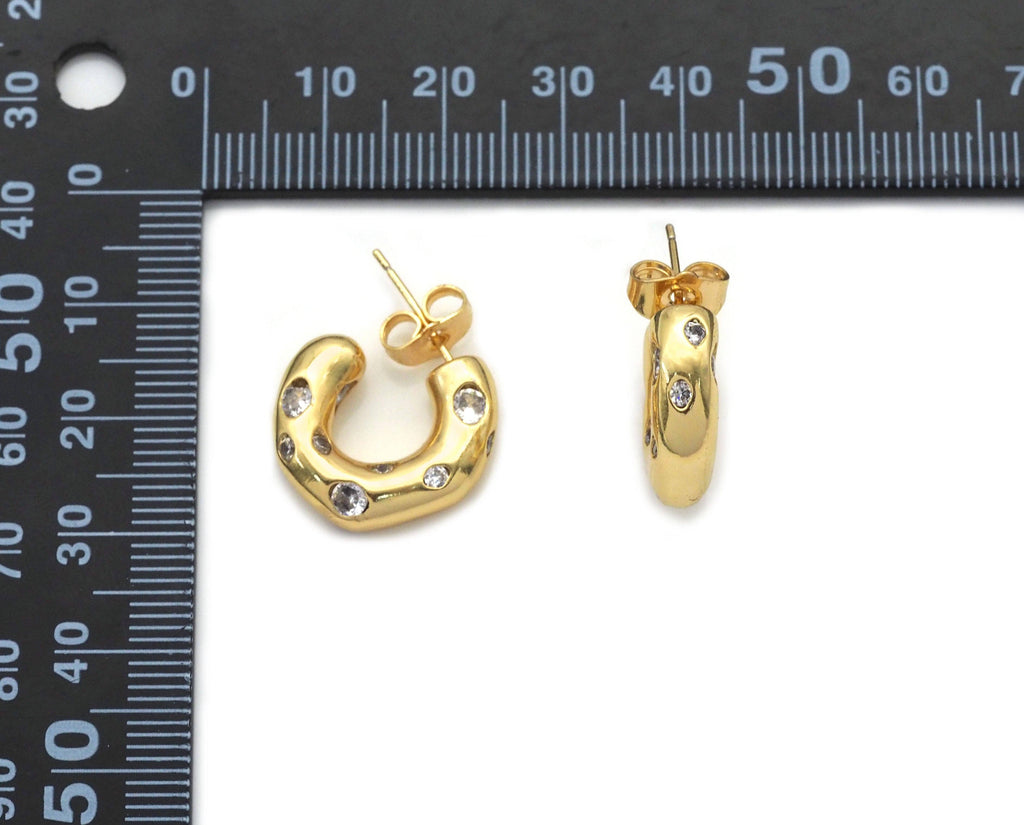 Clear CZ Gold Thick Hoop Stud Earrings, Sku#LX189
