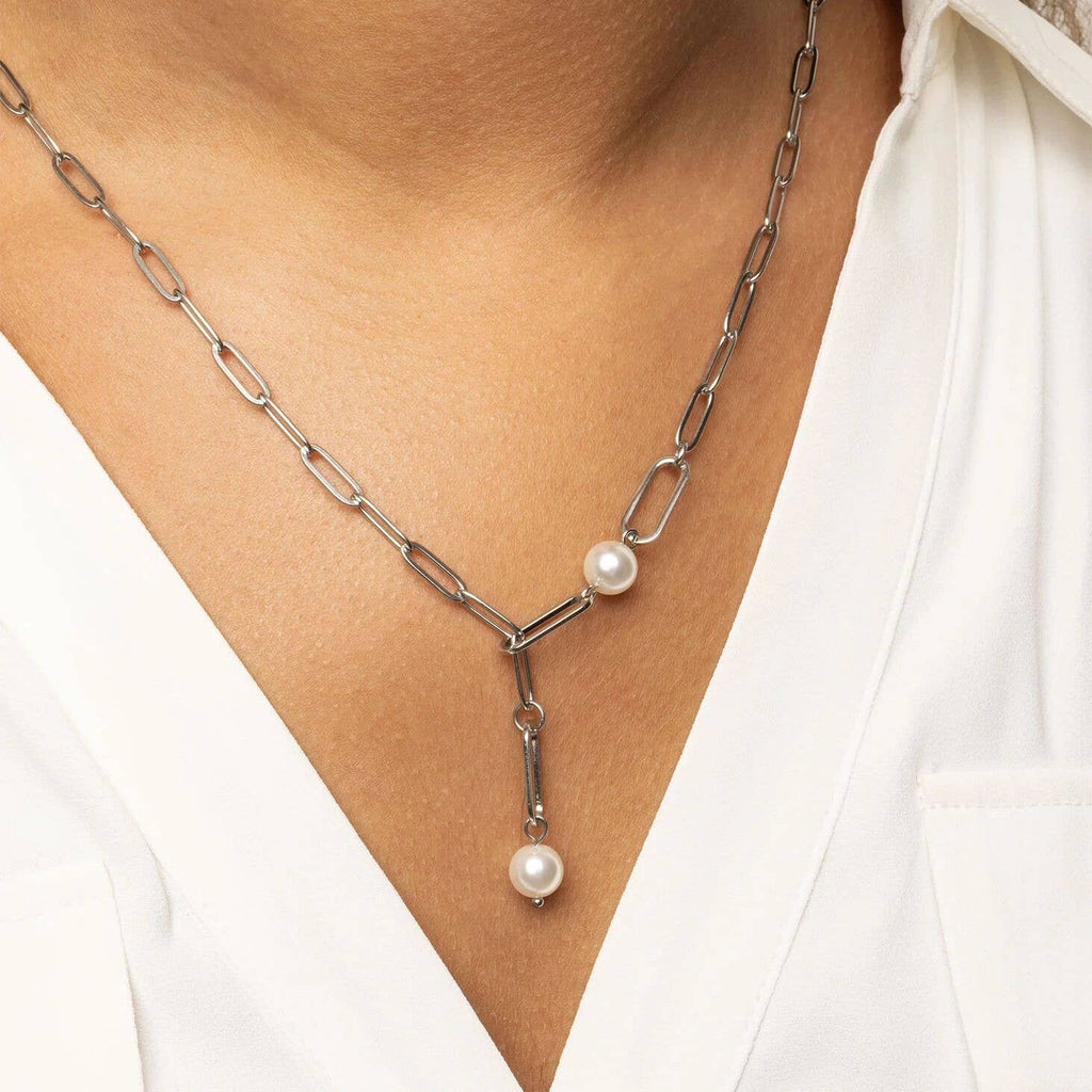 18K Gold PVD Stainless Steel Y Paperclip Necklace with Pearl