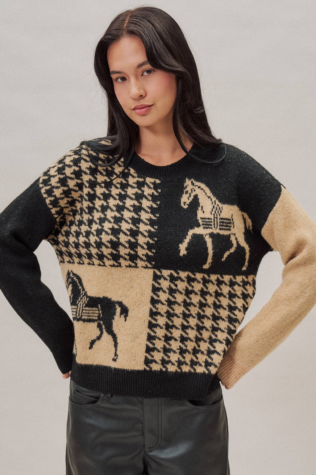 Houndstooth Horse Colorblock Knit Sweater