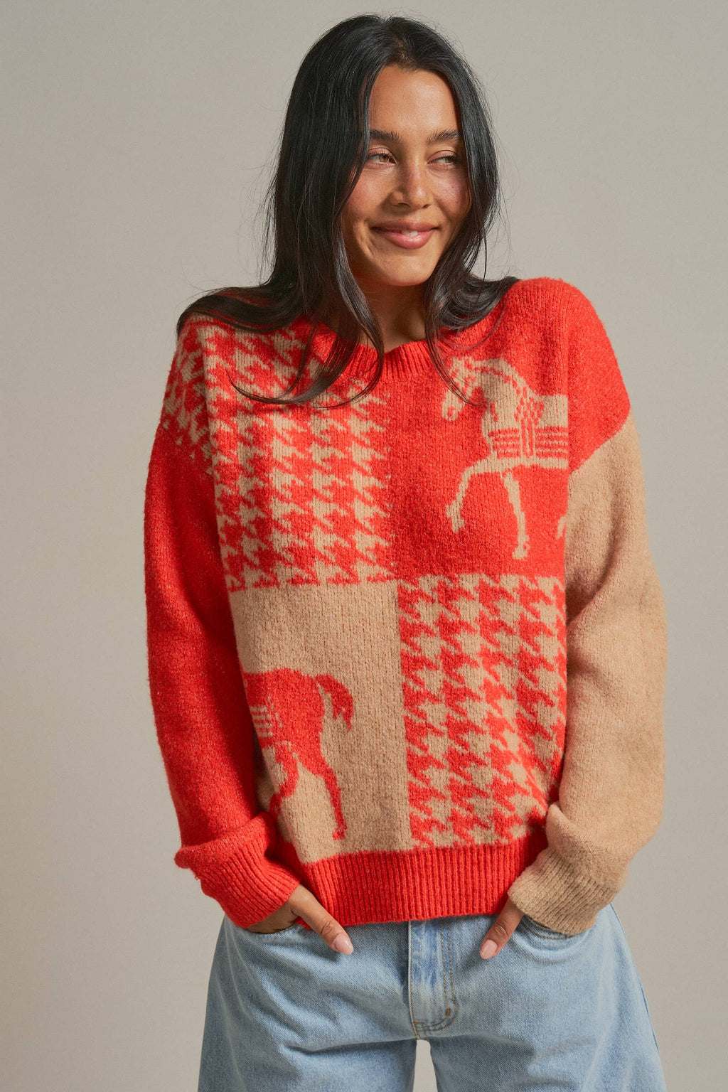 Houndstooth Horse Colorblock Knit Sweater