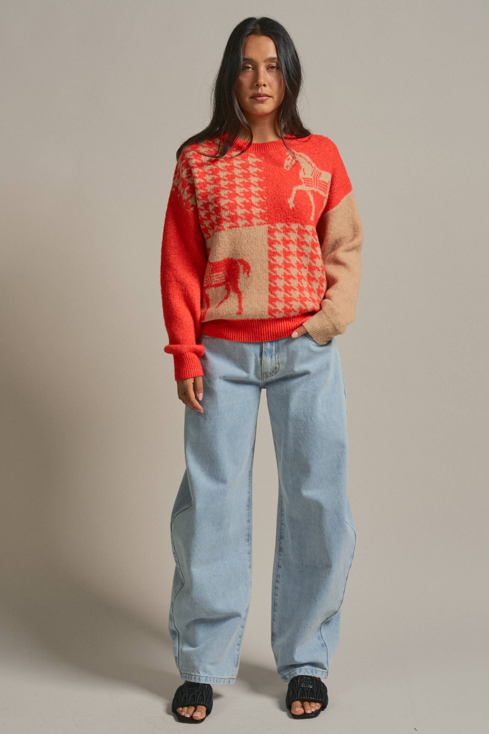 Houndstooth Horse Colorblock Knit Sweater