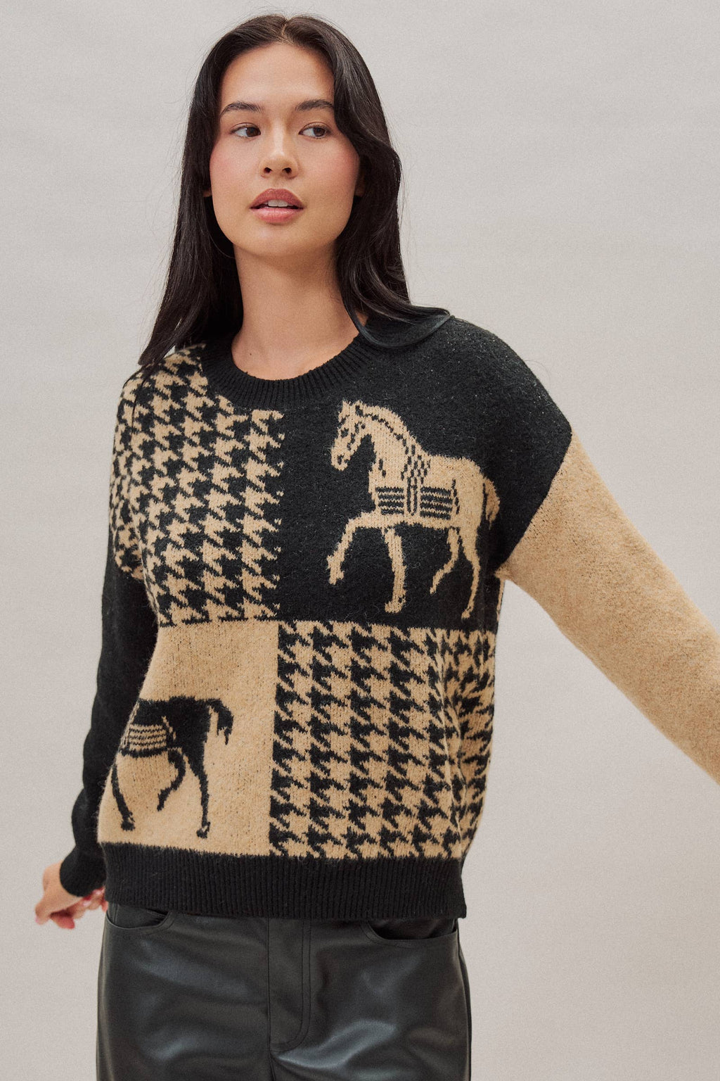Houndstooth Horse Colorblock Knit Sweater