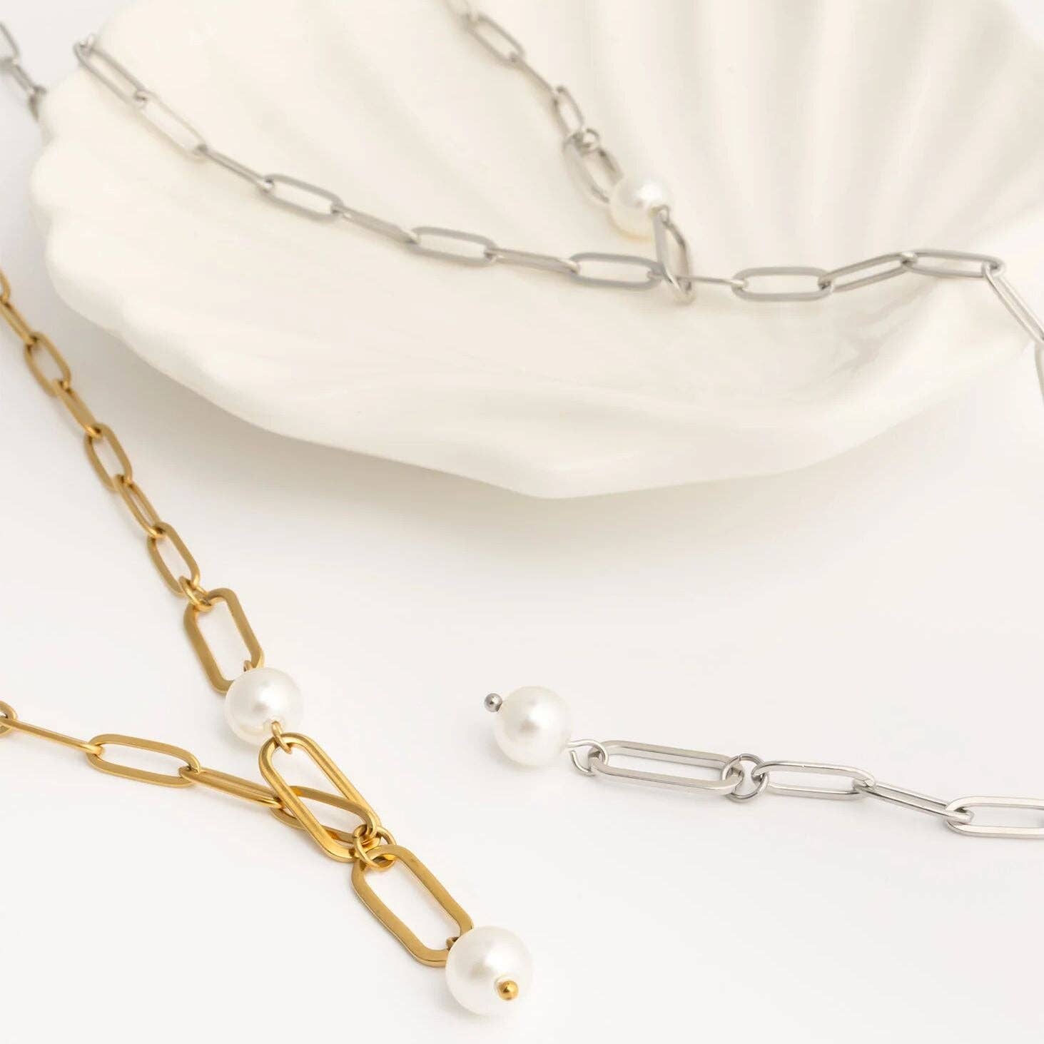 18K Gold PVD Stainless Steel Y Paperclip Necklace with Pearl