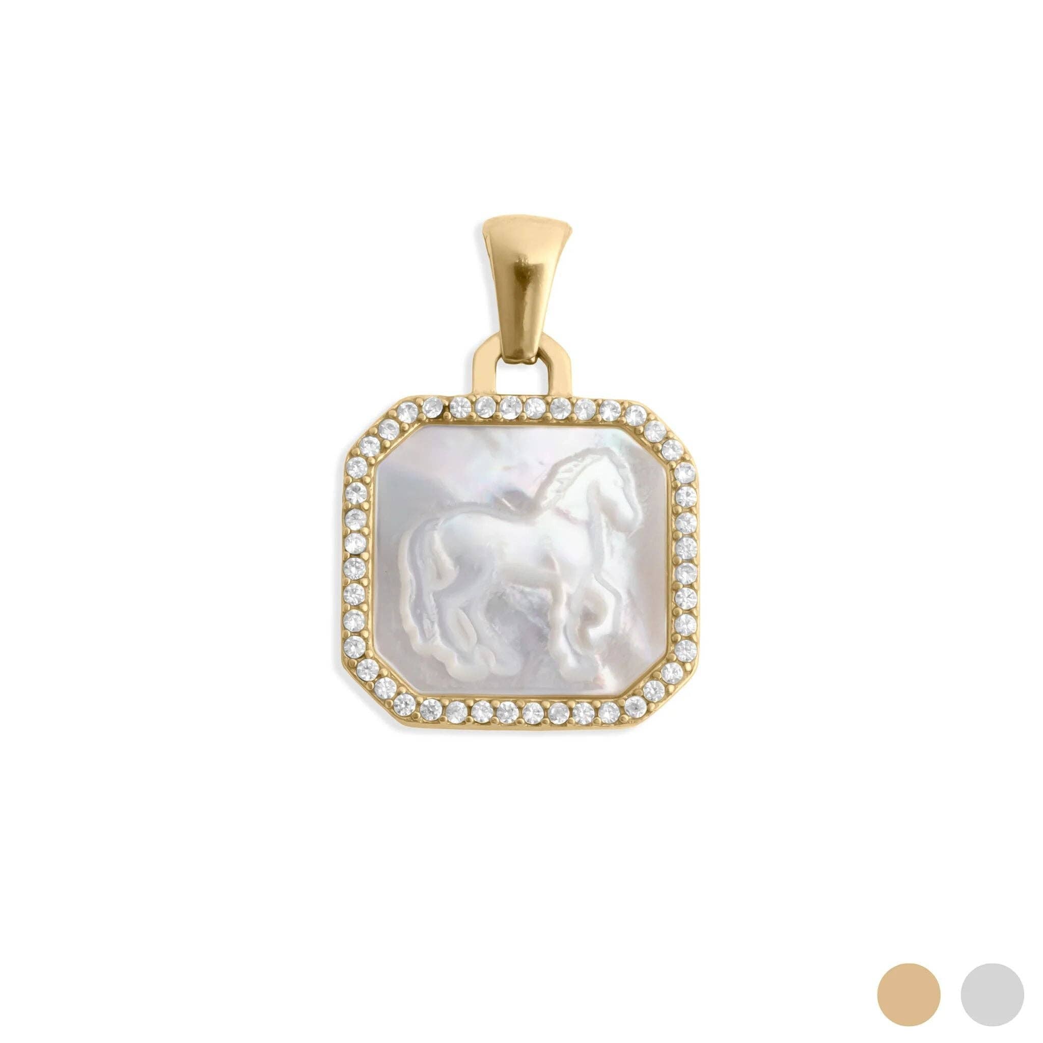 18K Gold Stainless Steel MOP Horse With CZ Stone Pendant
