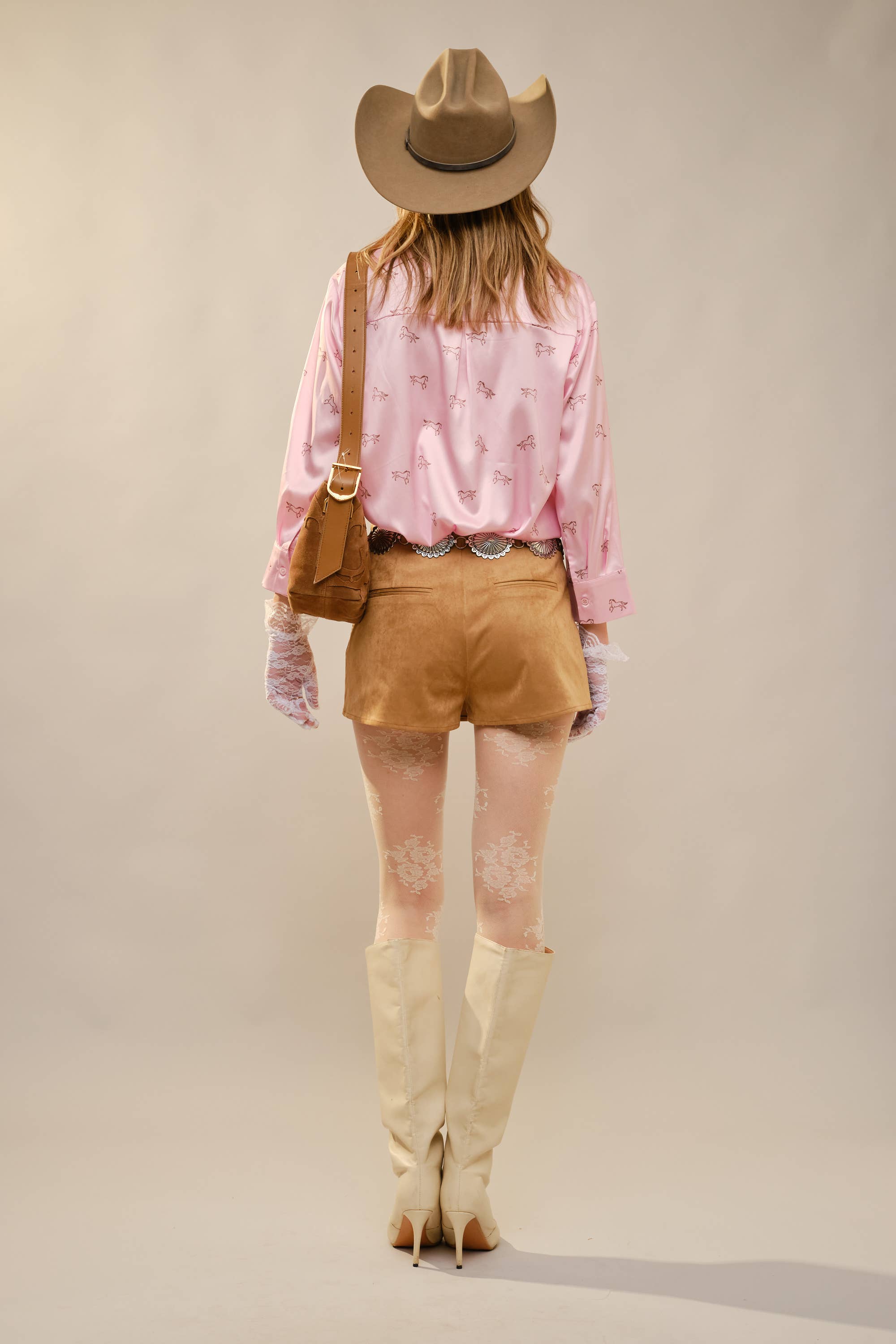 Satin Horse Motif 3/4 Sleeve Button Blouse