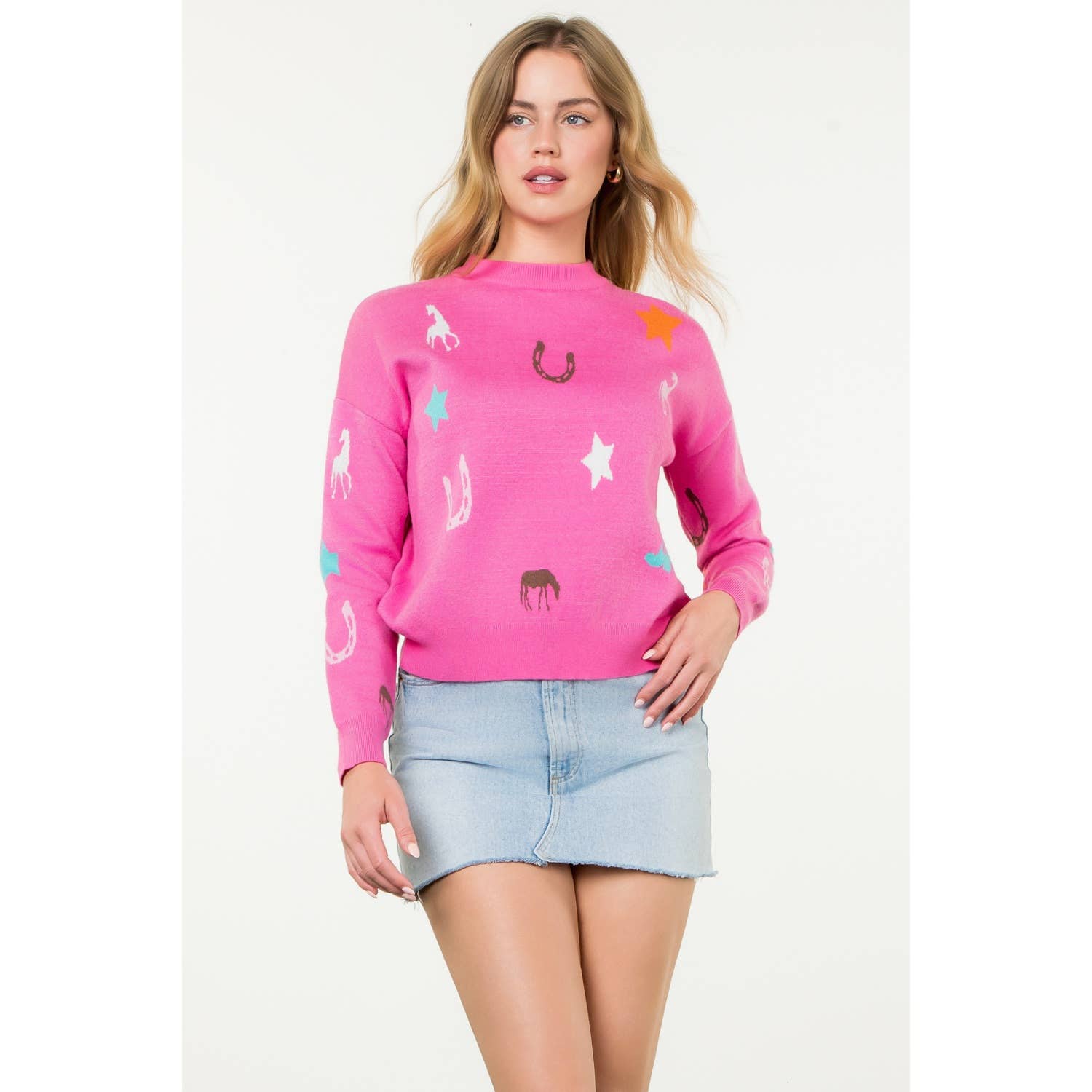 Western Motif Long Sleeve Knit Sweater