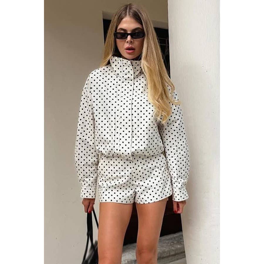 Turtleneck Zipper Polka Dot Printed Jacket