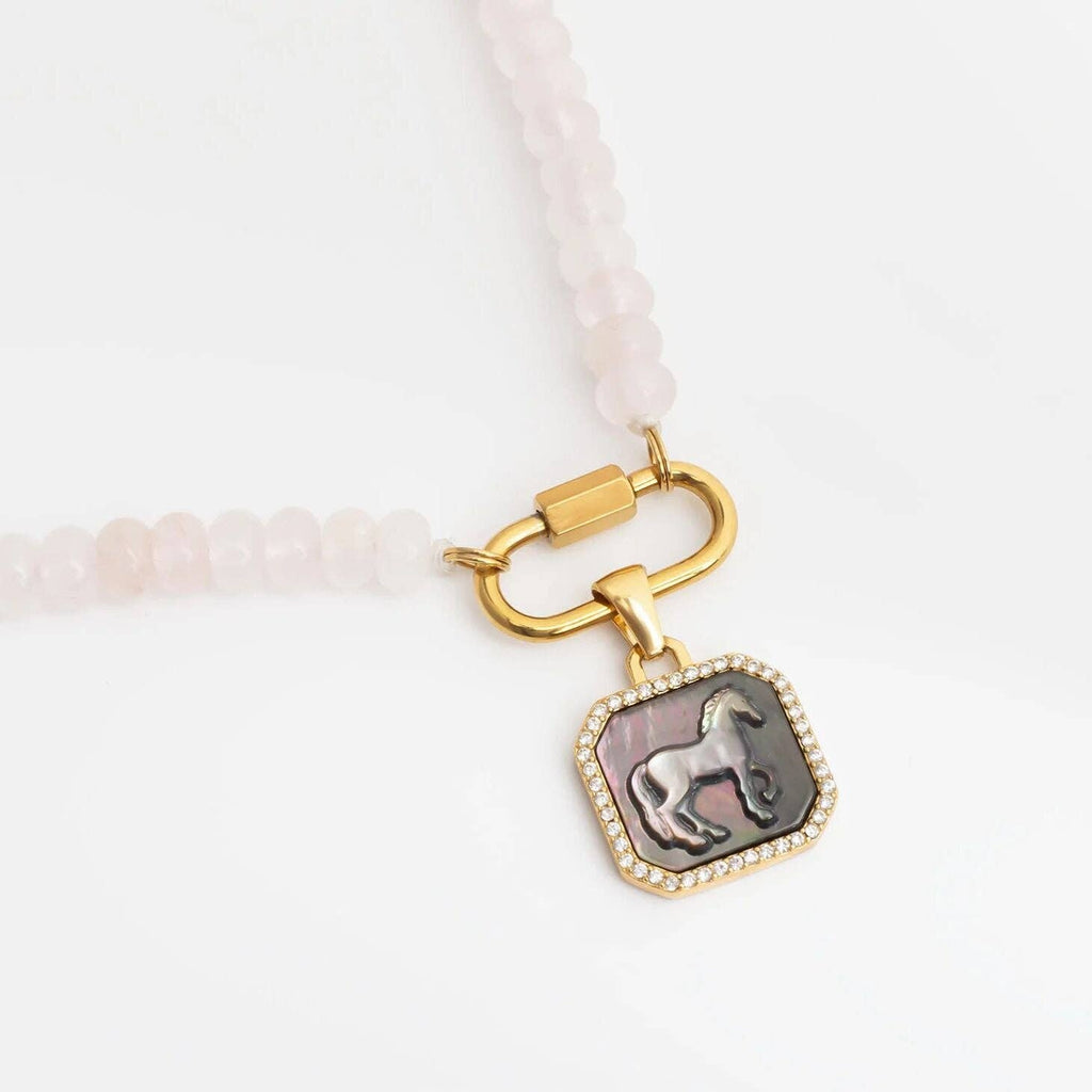 18K Gold Stainless Steel MOP Horse With CZ Stone Pendant