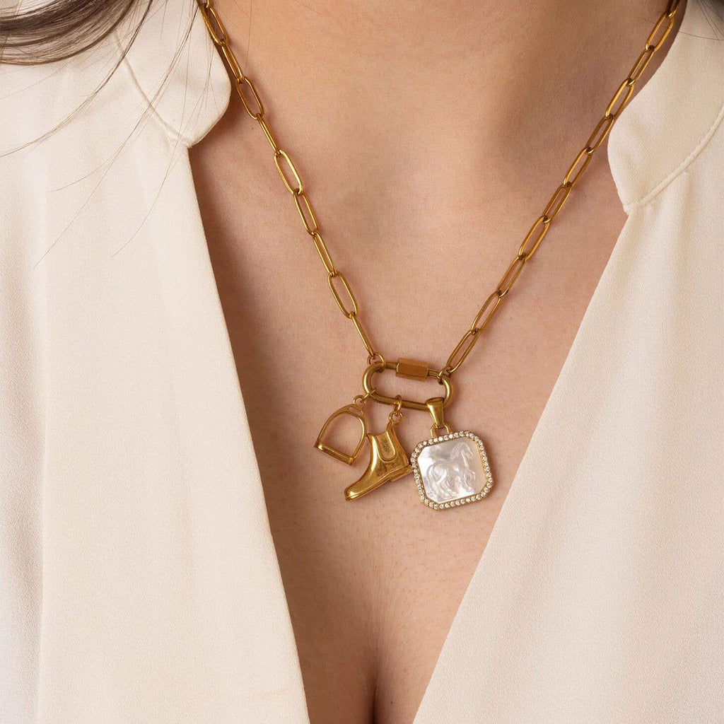18K Gold Stainless Steel MOP Horse With CZ Stone Pendant