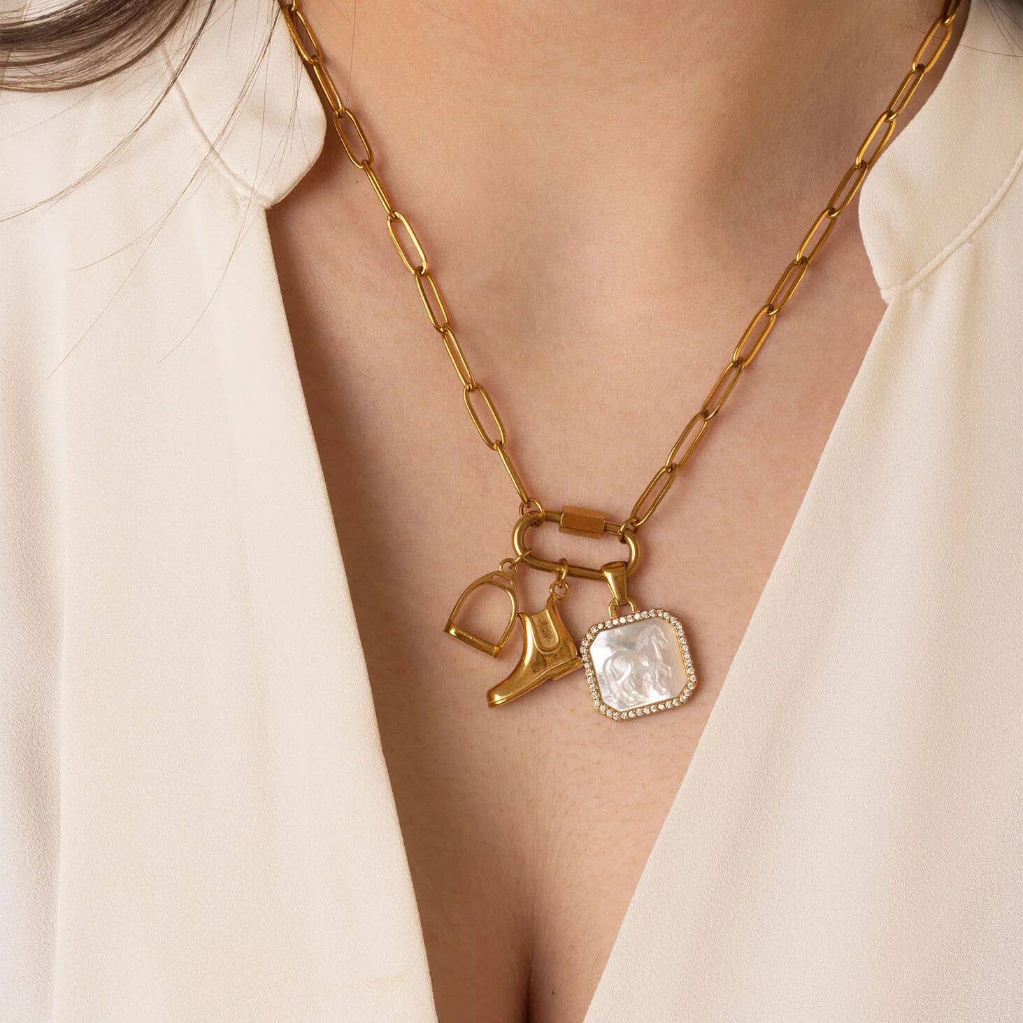 18K Gold Stainless Steel MOP Horse With CZ Stone Pendant
