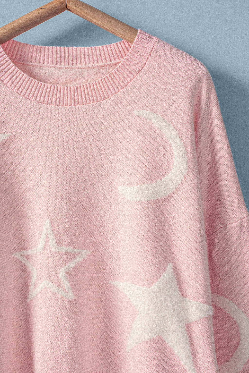 Celestial Star Moon Pattern Ribbed Crew Neck Cropped Sweater