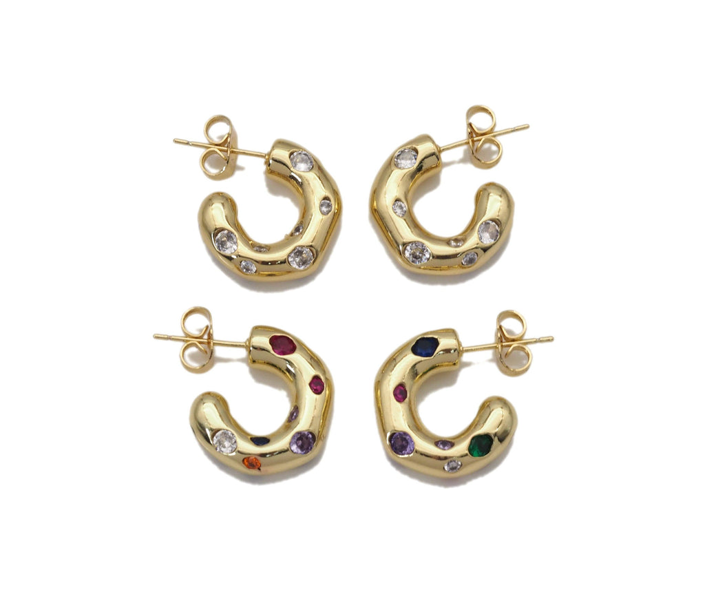 Clear CZ Gold Thick Hoop Stud Earrings, Sku#LX189