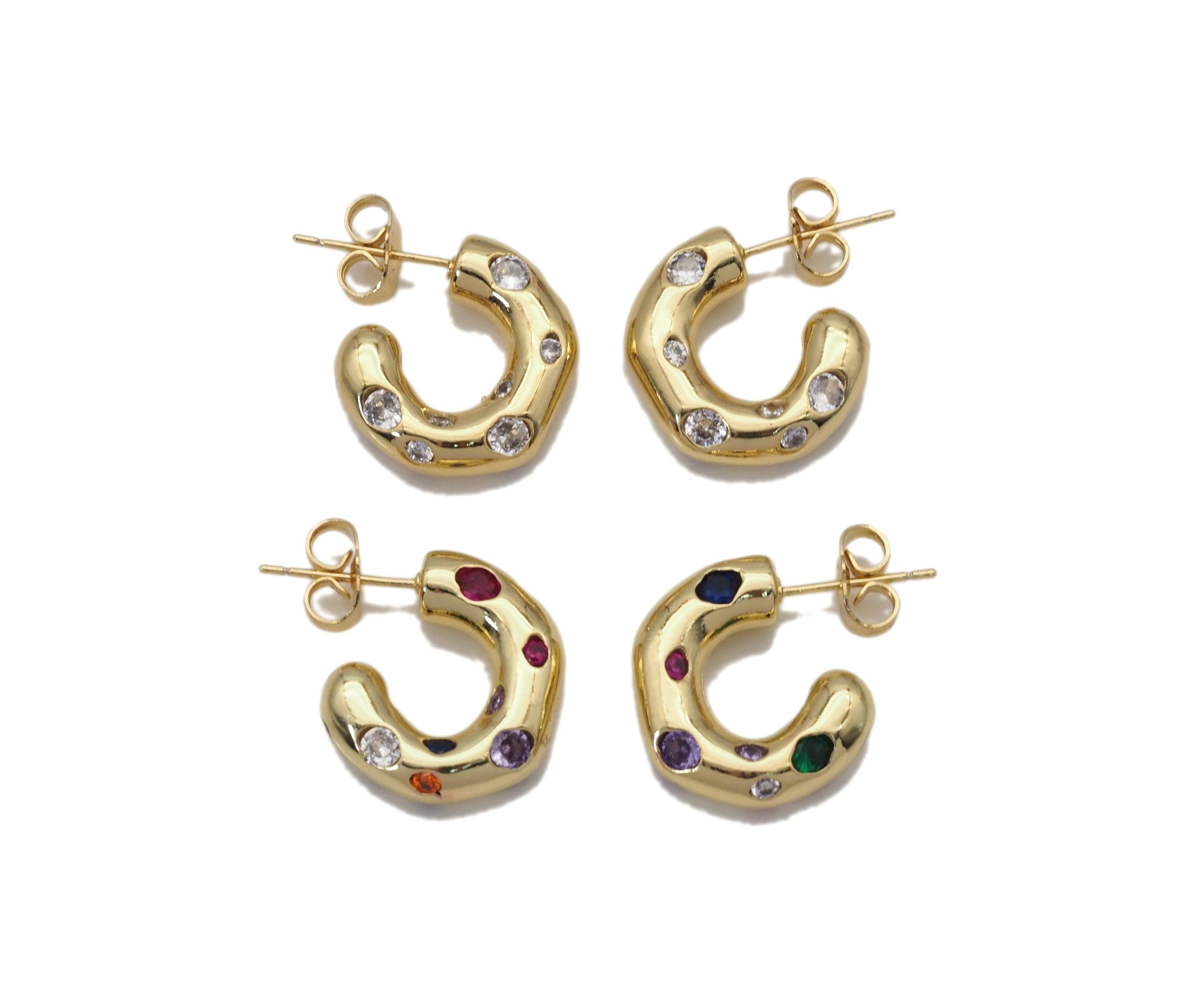 Clear CZ Gold Thick Hoop Stud Earrings, Sku#LX189