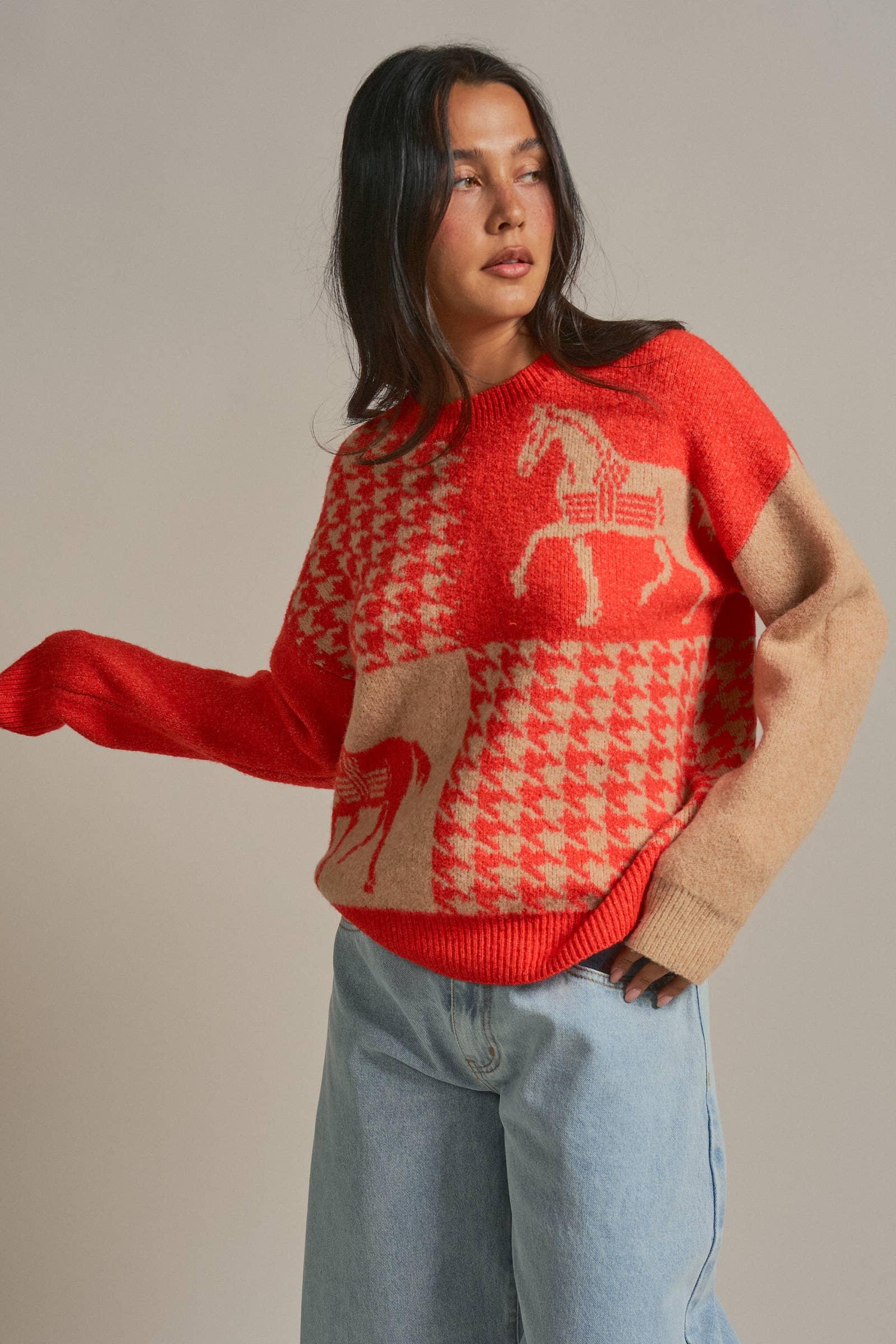 Houndstooth Horse Colorblock Knit Sweater