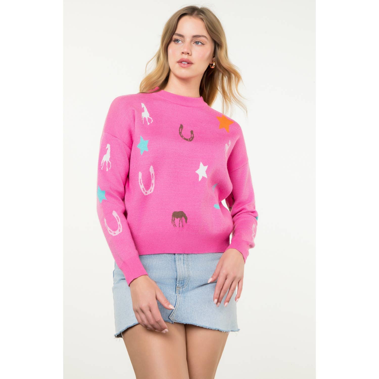 Western Motif Long Sleeve Knit Sweater