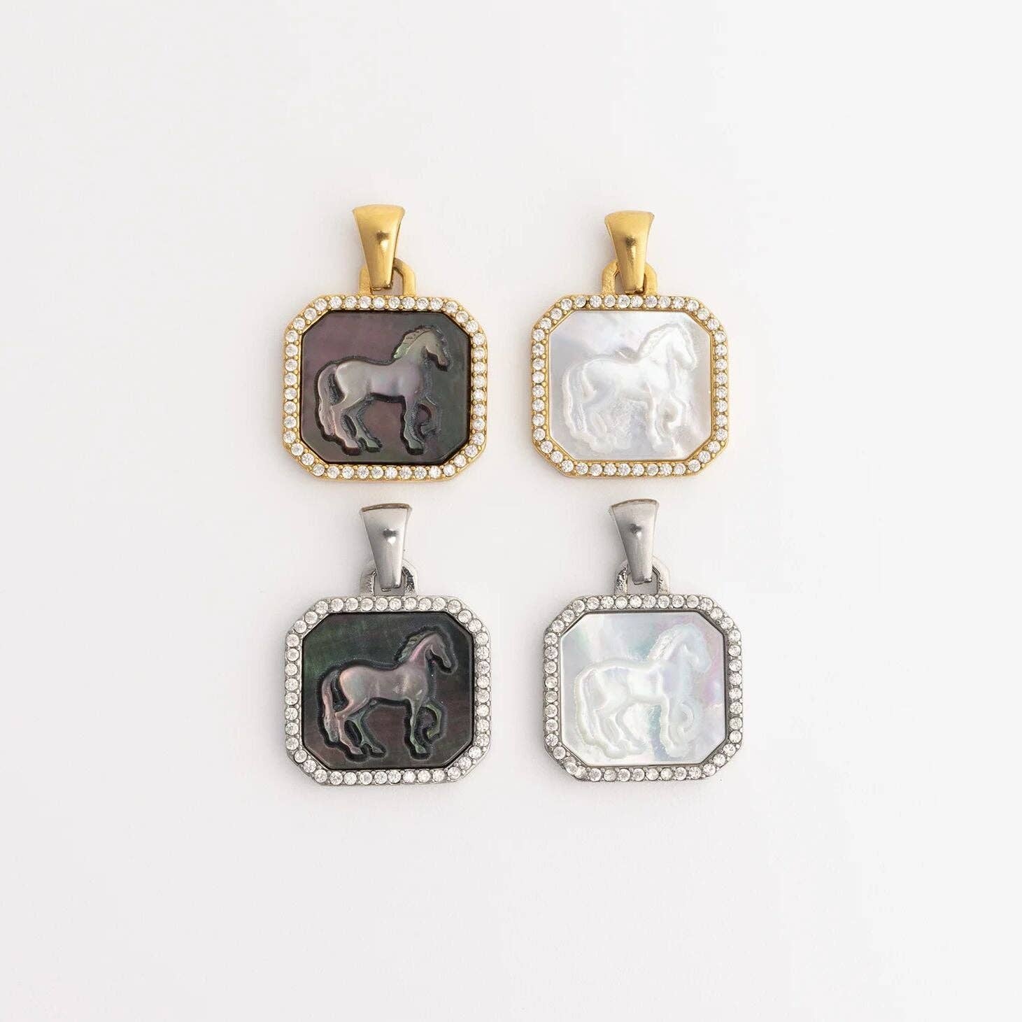 18K Gold Stainless Steel MOP Horse With CZ Stone Pendant