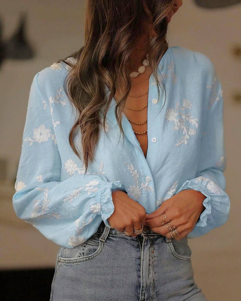 Romance Boho Ecru Floral Ruffled Blouse