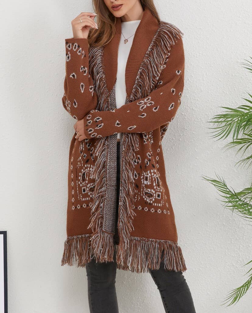 Western boho jacquard fringed open-front cardigan