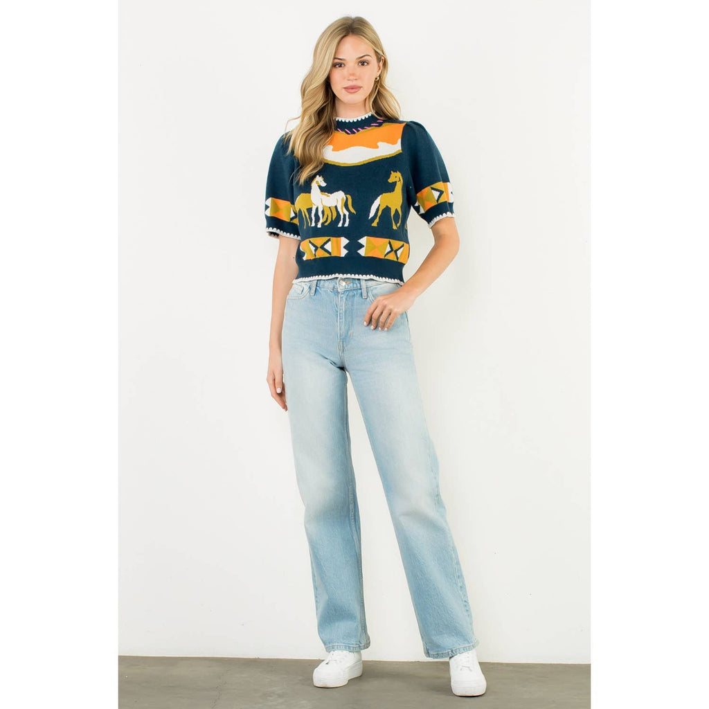 Short Sleeve Horse Detail Top