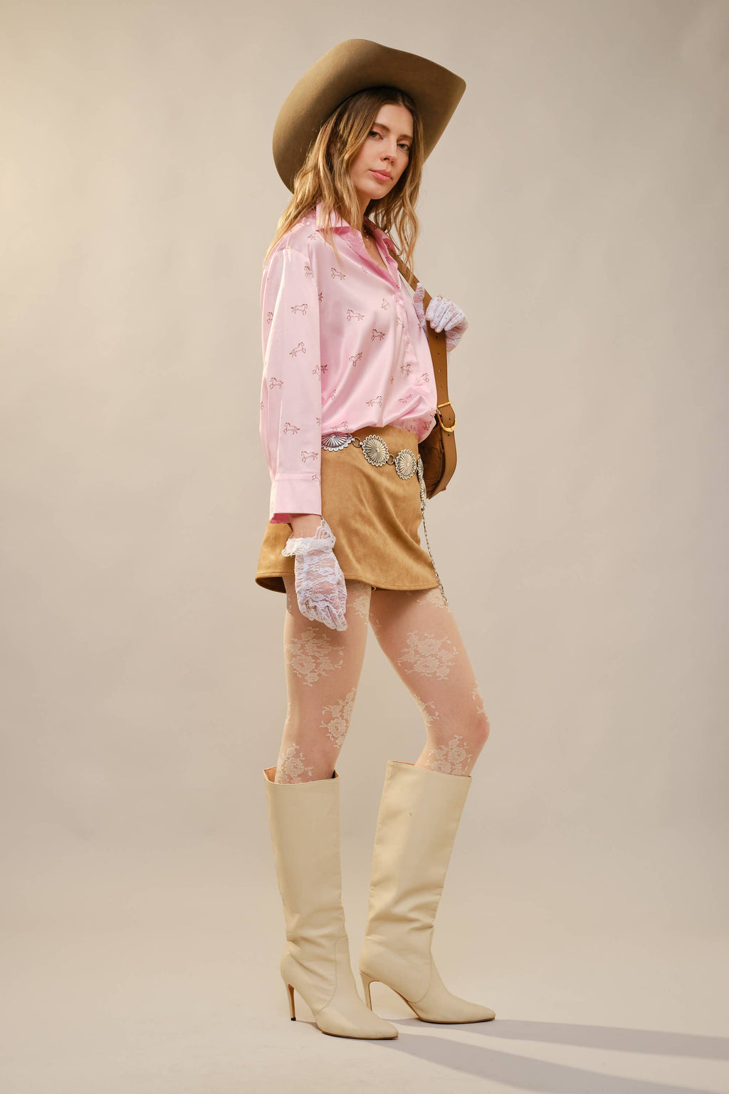 Satin Horse Motif 3/4 Sleeve Button Blouse