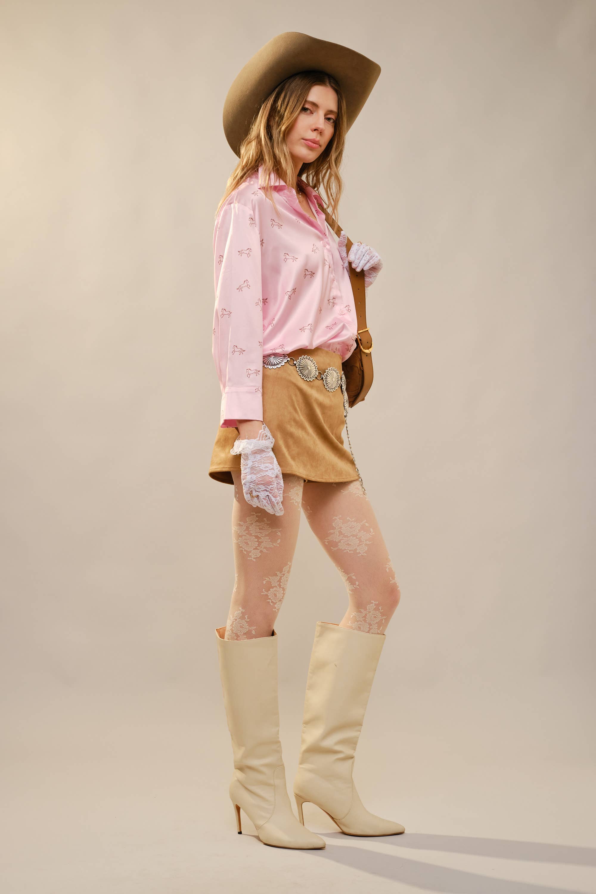 Satin Horse Motif 3/4 Sleeve Button Blouse
