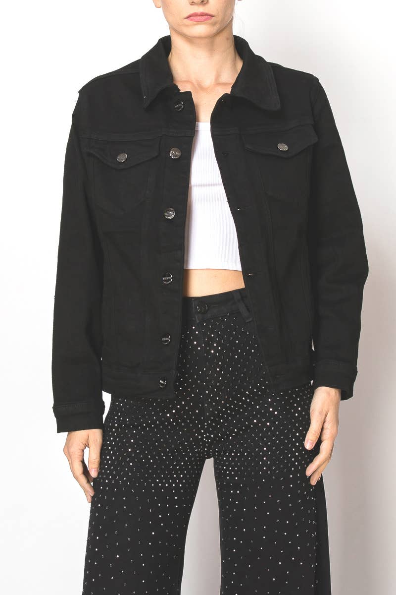 JZ23410 BLK - Black denim button down jacket