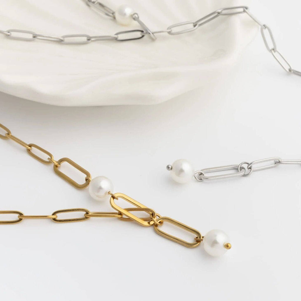 18K Gold PVD Stainless Steel Y Paperclip Necklace with Pearl