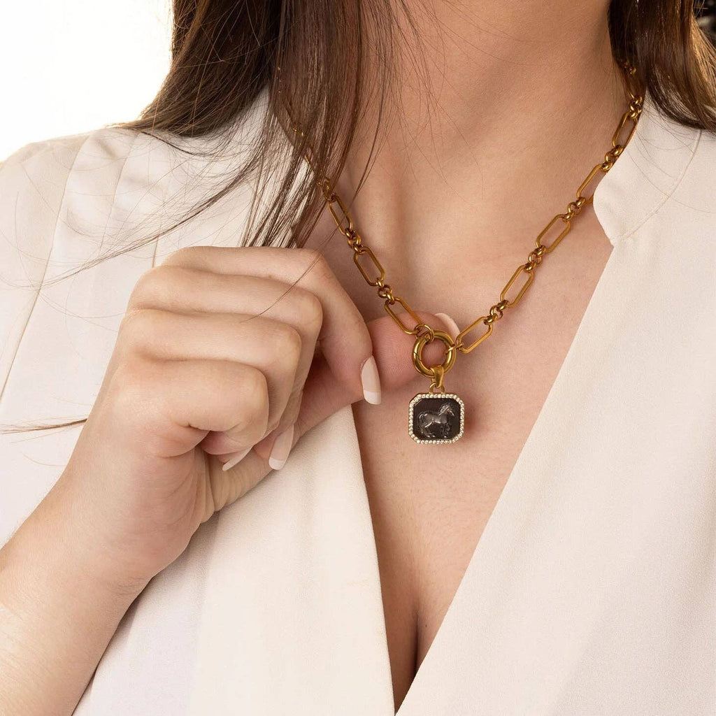 18K Gold Stainless Steel MOP Horse With CZ Stone Pendant