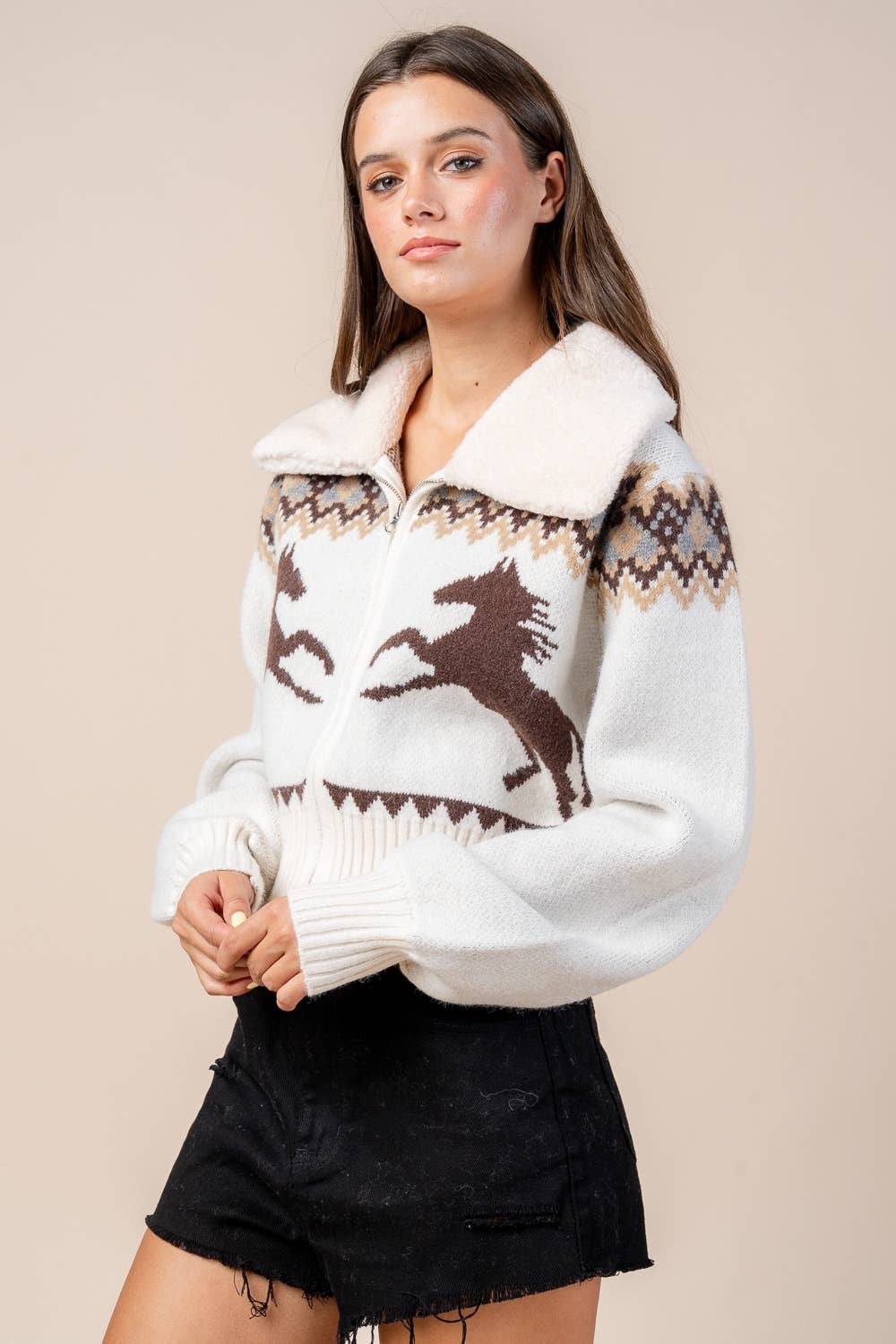 CG60059B / ZIP FRONT CARDIGAN SWEATER W/ FUR COLLAR