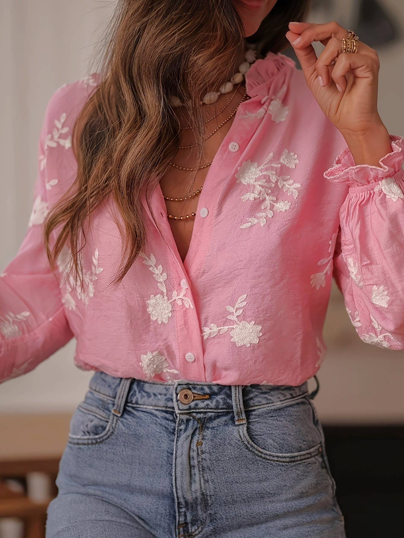 Romance Boho Ecru Floral Ruffled Blouse