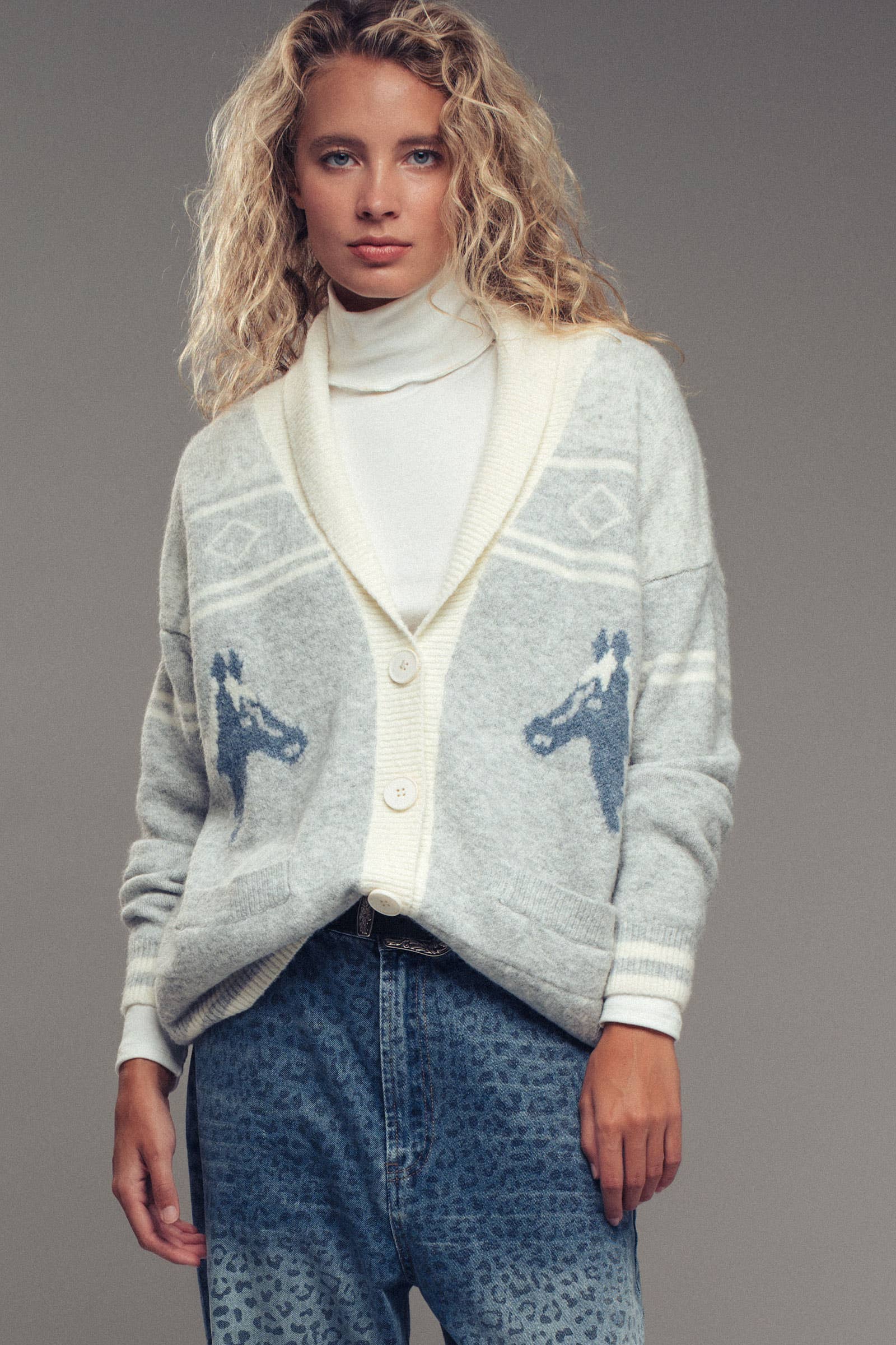 Horse Motif Shawl Collar Cardigan