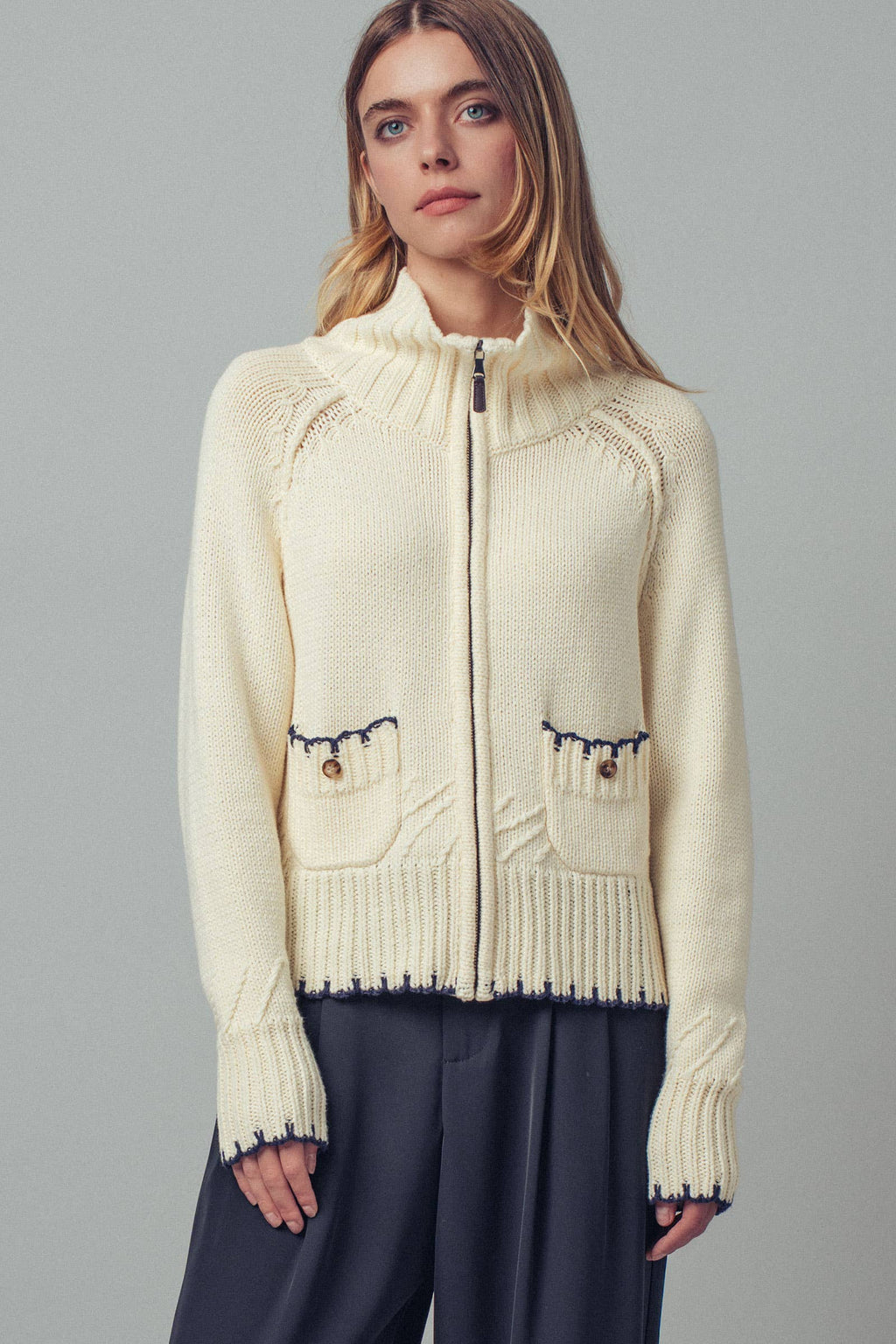 Modern Contrast-Trim Zip-Up Knit Sweater
