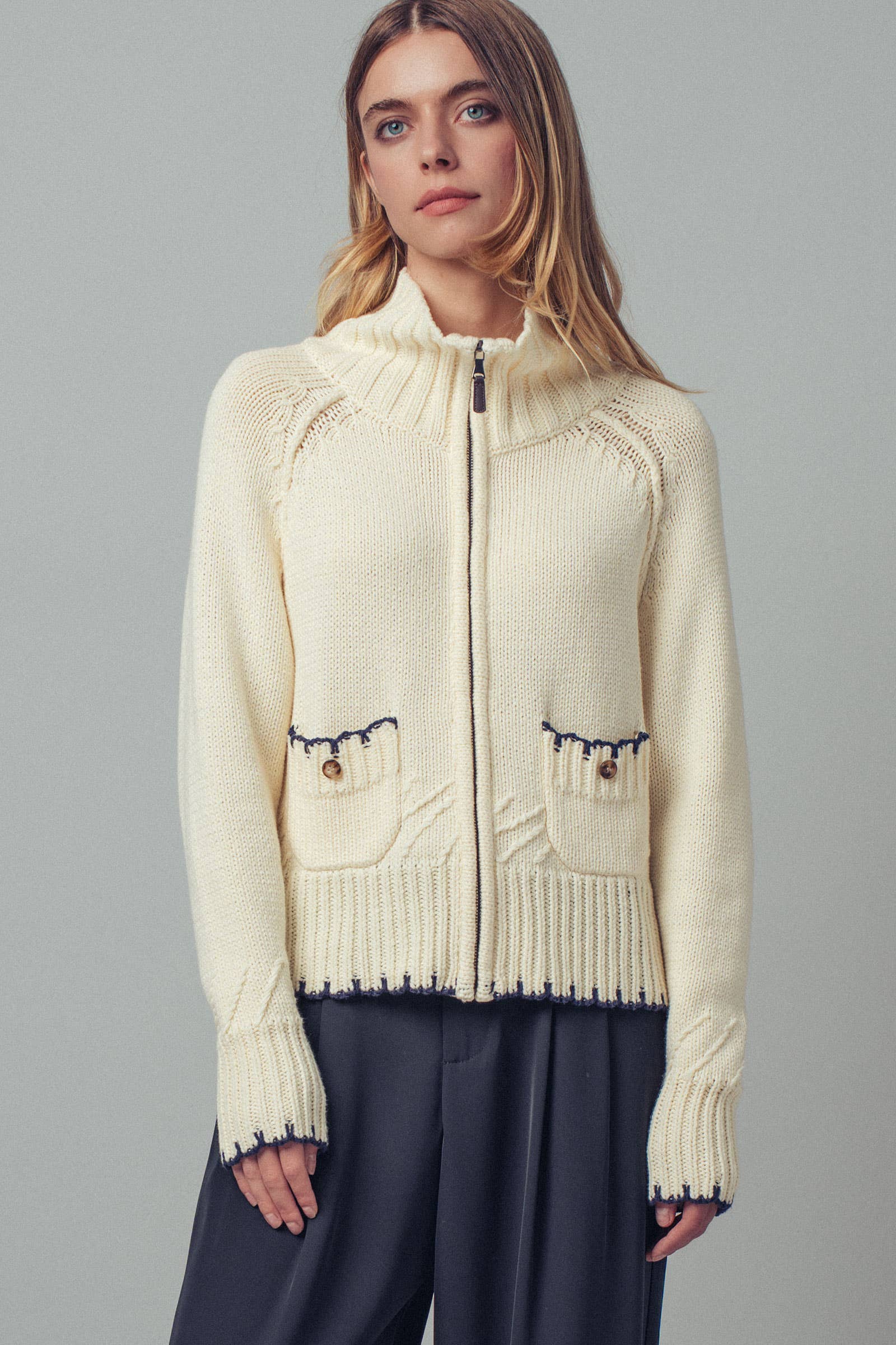 Modern Contrast-Trim Zip-Up Knit Sweater