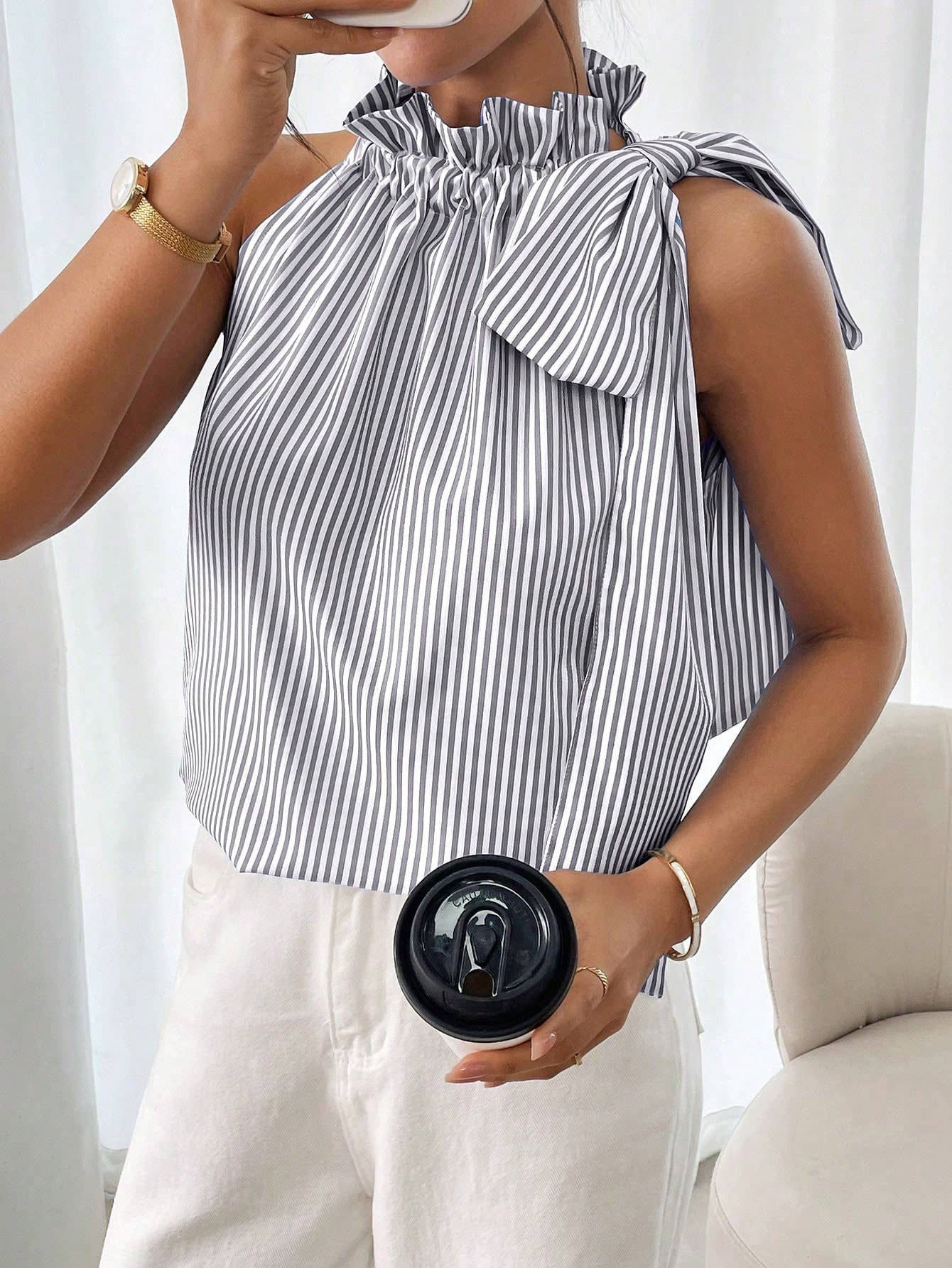 Fashion Striped Lace High Collar Tied Sleeveless Top