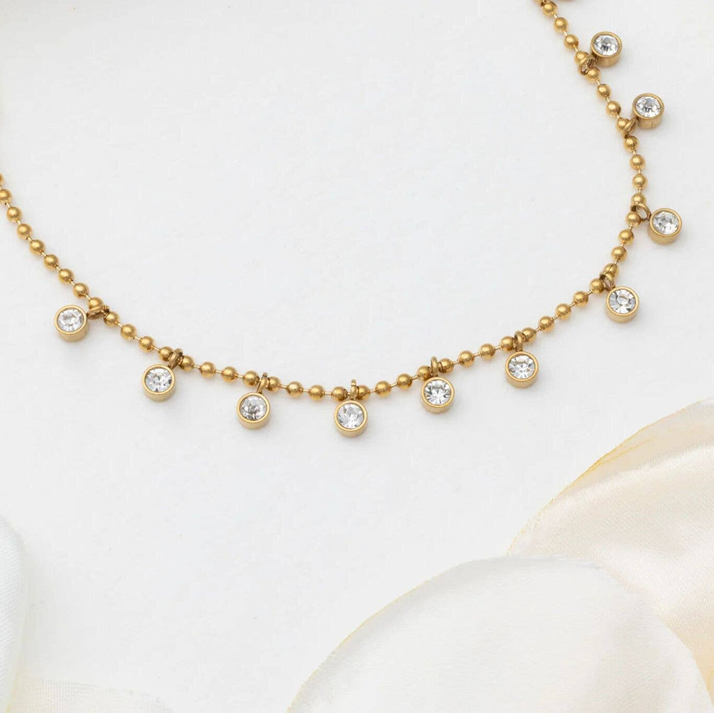 18K Gold PVD Stainless Steal Round Stone Dangle Necklace