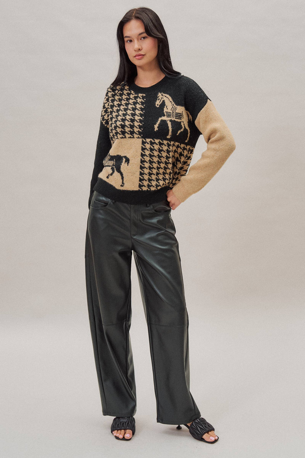 Houndstooth Horse Colorblock Knit Sweater