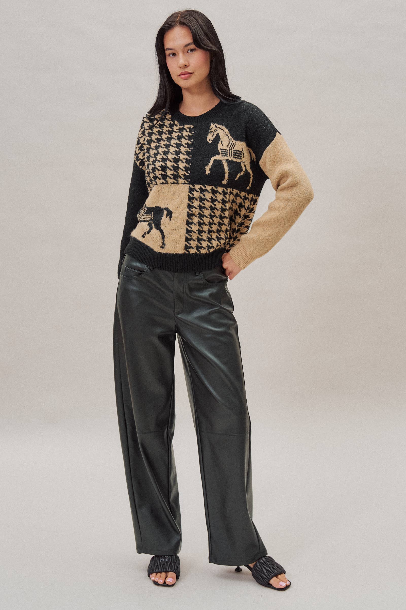 Houndstooth Horse Colorblock Knit Sweater