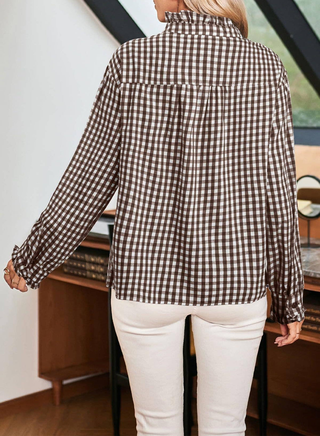 Gingham Check Plaid Ruffled Detail Shirt Blouse