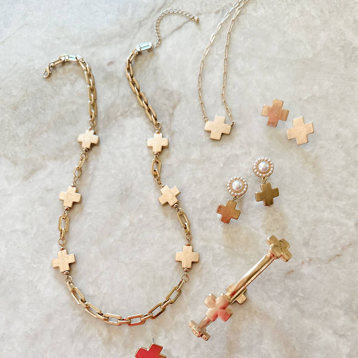 Edith Square Cross Station Necklace in Worn Gold