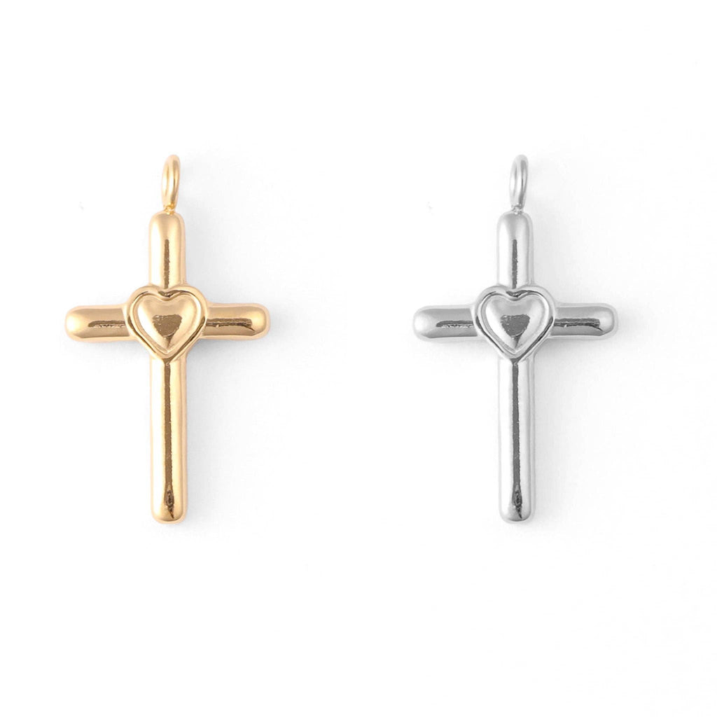 18K Gold PVD Stainless Steel Heart in Cross Charm