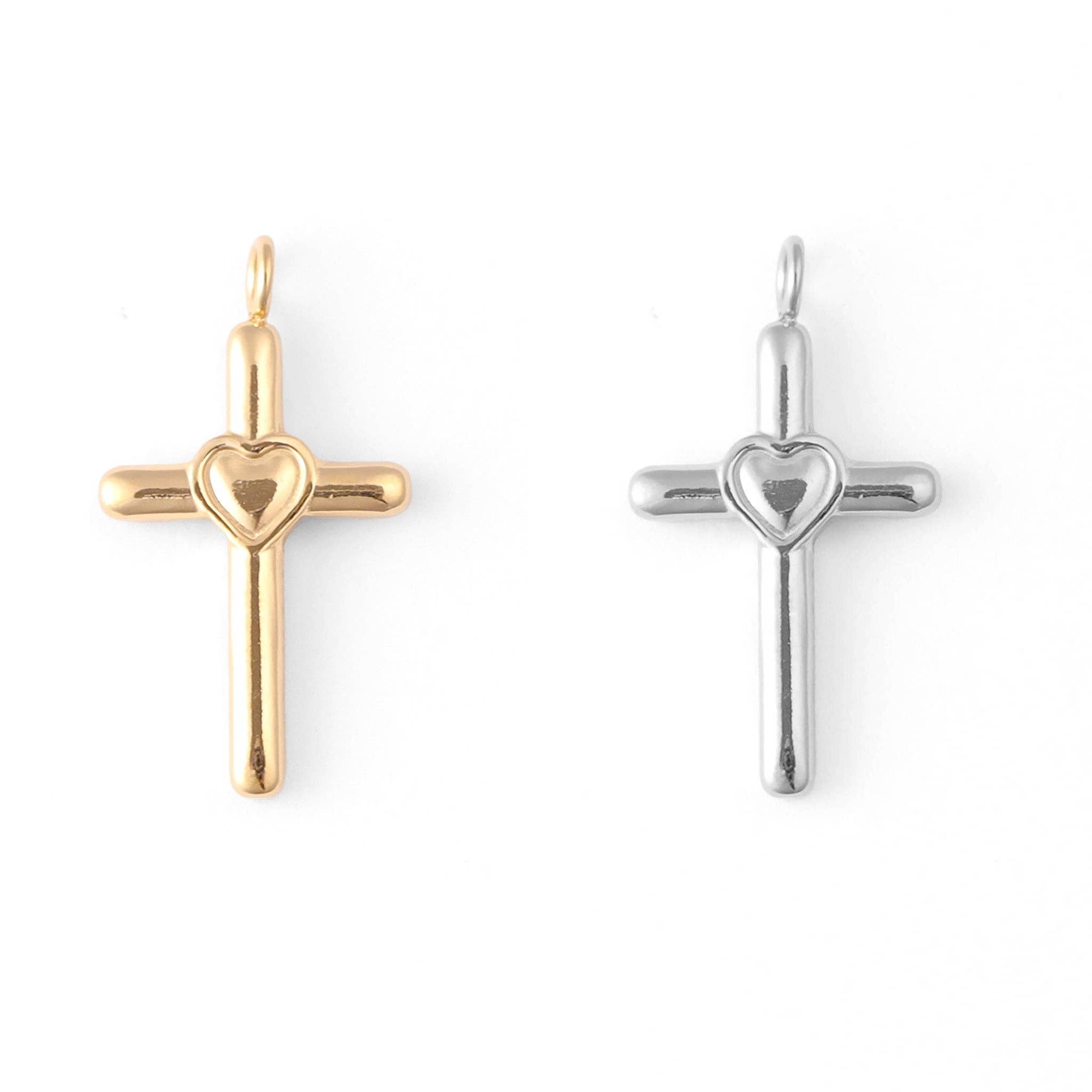 18K Gold PVD Stainless Steel Heart in Cross Charm