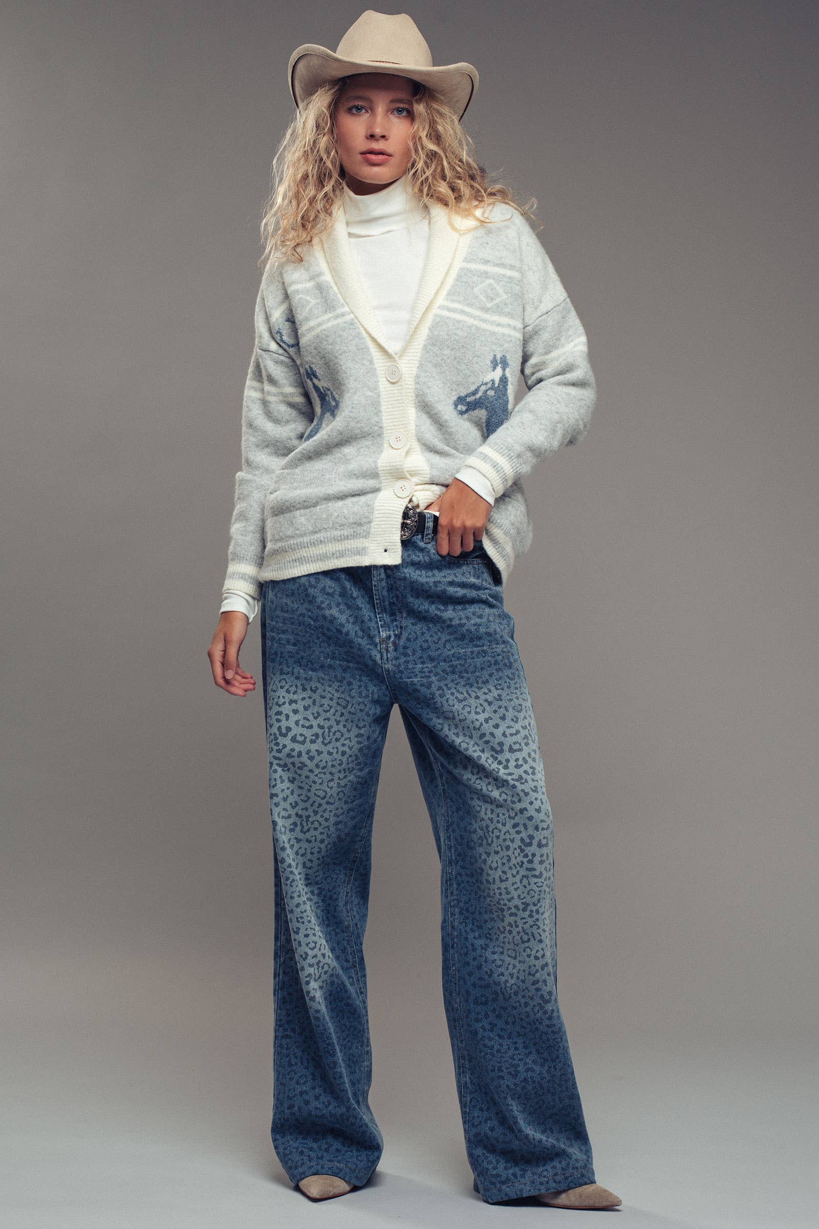 Horse Motif Shawl Collar Cardigan