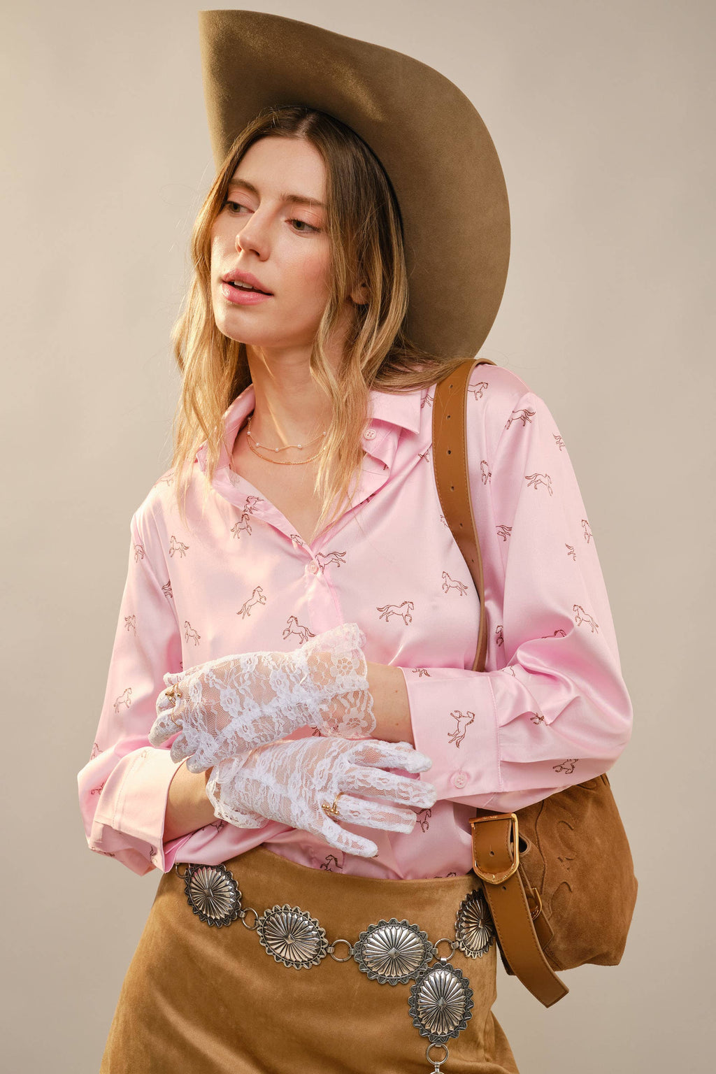 Satin Horse Motif 3/4 Sleeve Button Blouse