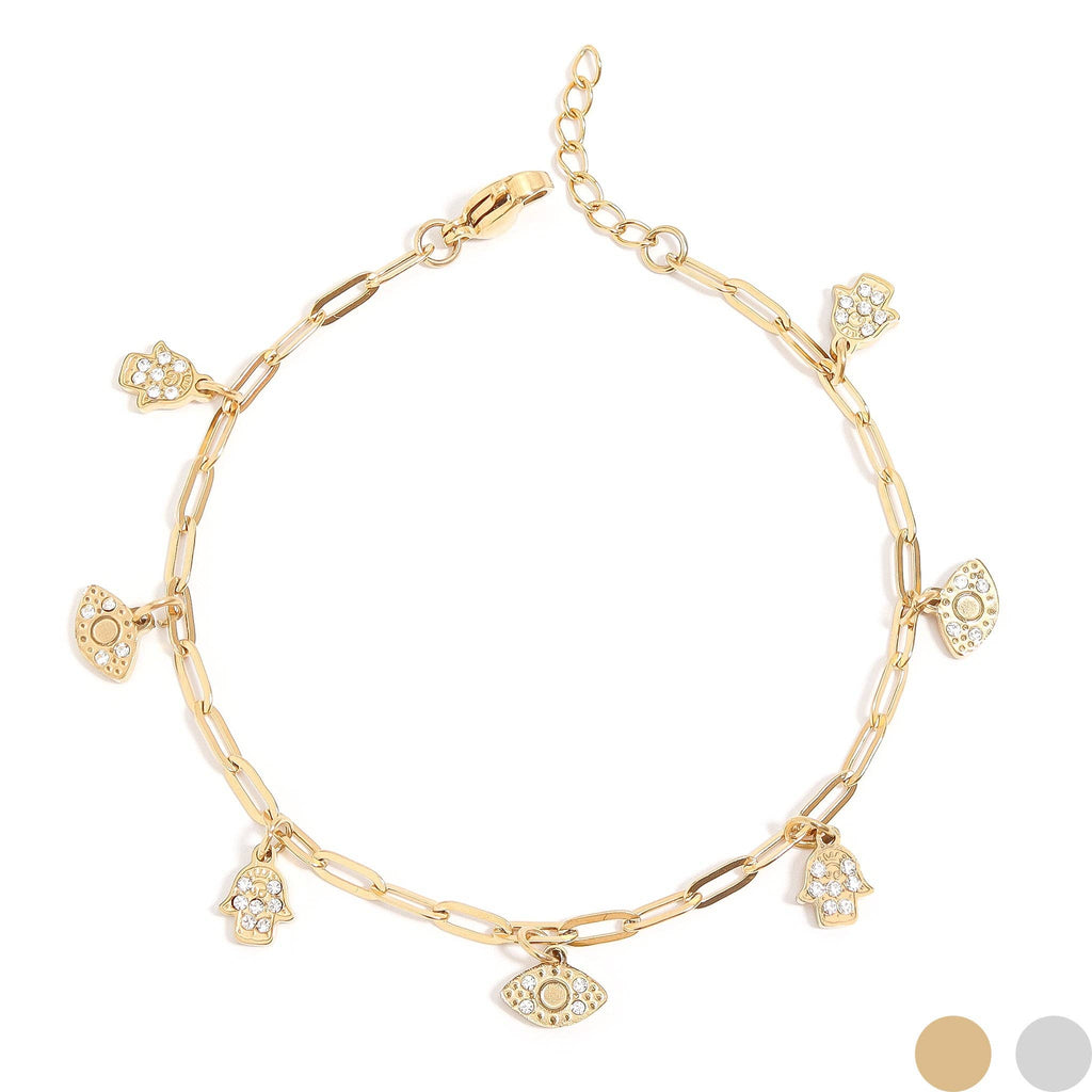 18K Gold PVD Hamsa & Evil Eye Paperclip Chain Charm Bracelet