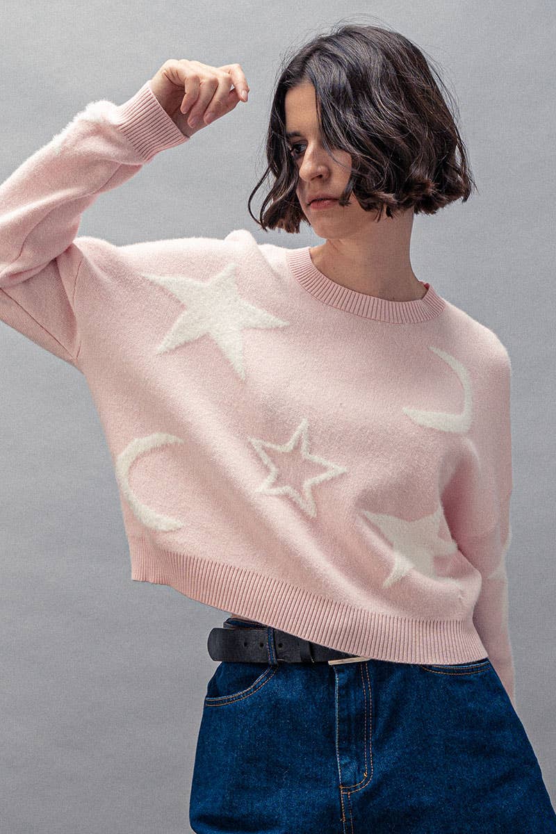 Celestial Star Moon Pattern Ribbed Crew Neck Cropped Sweater