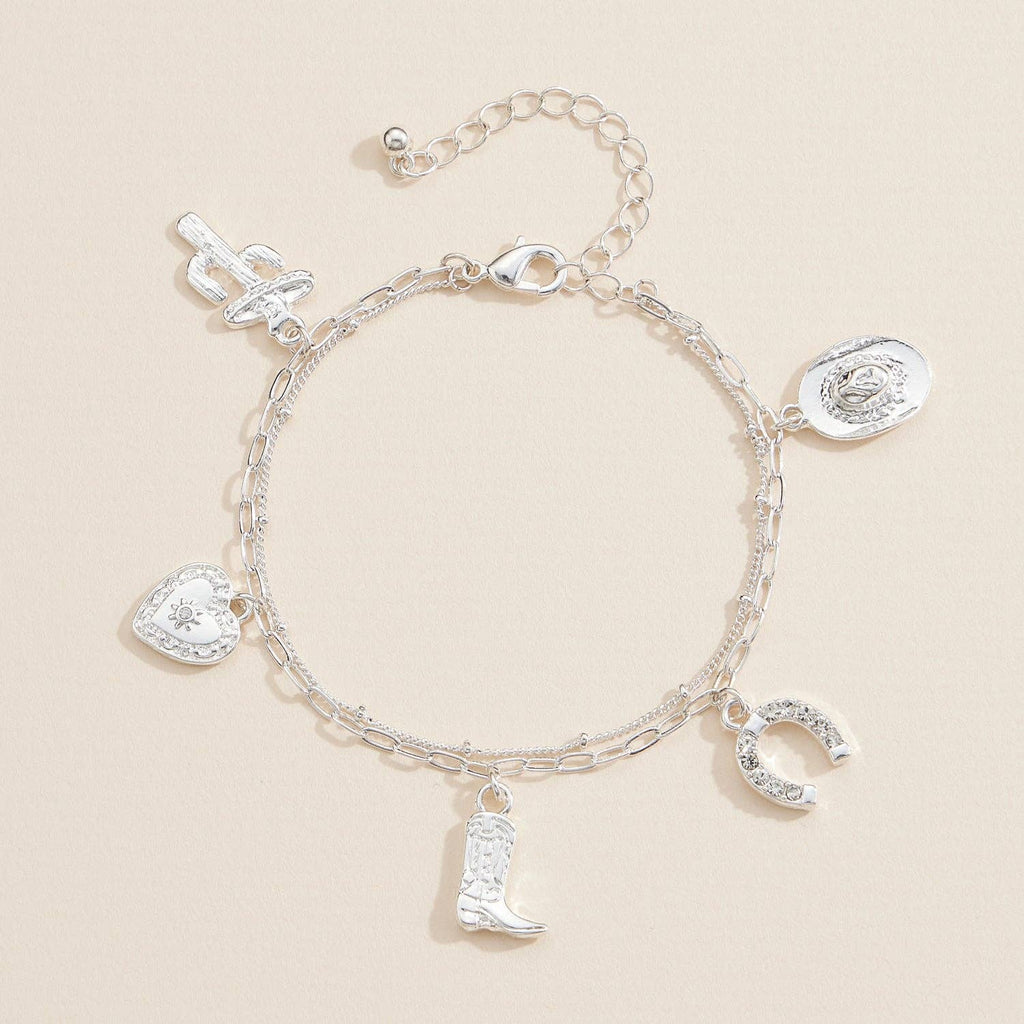 Western Charm Bracelet with Cowboy Boot, Hat, Horseshoe, Cactus & Heart Pendants