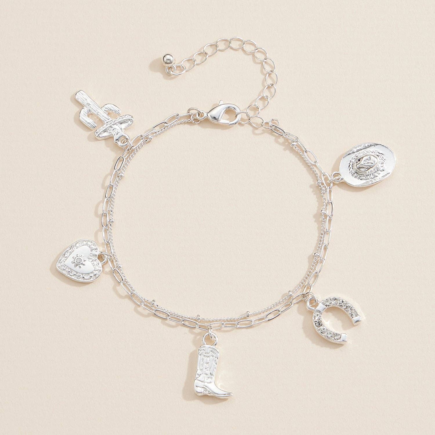 Western Charm Bracelet with Cowboy Boot, Hat, Horseshoe, Cactus & Heart Pendants