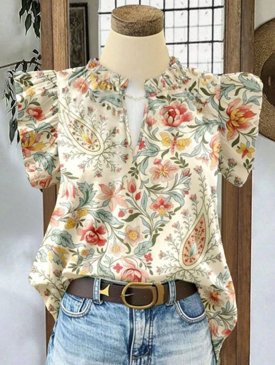 Retro floral print shirt ruffle flutter sleeve blouse