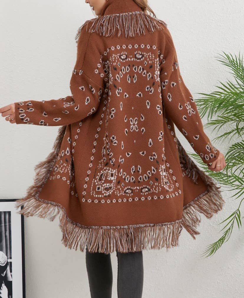Western boho jacquard fringed open-front cardigan