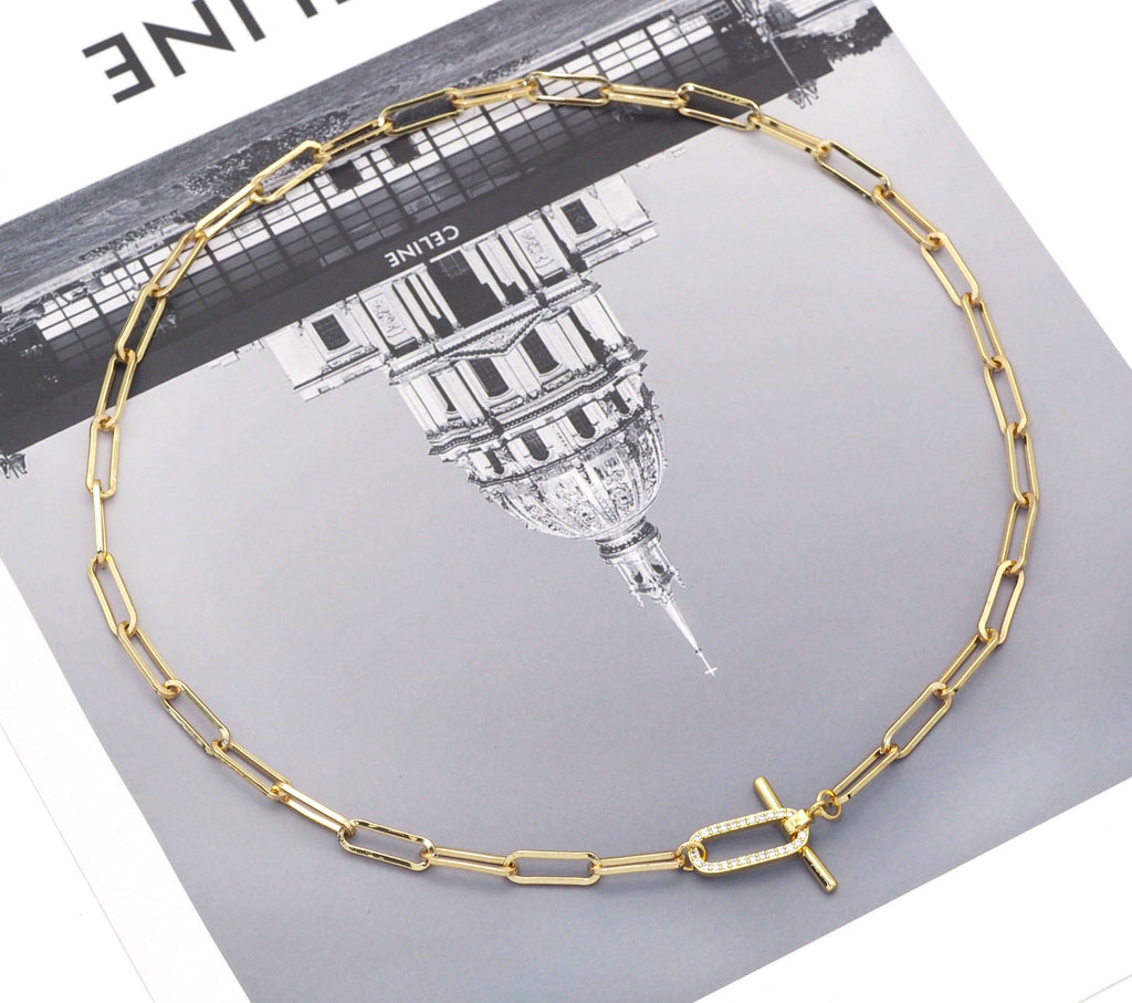 Paperclip Chain Necklace Bracelet with CZ Toggle